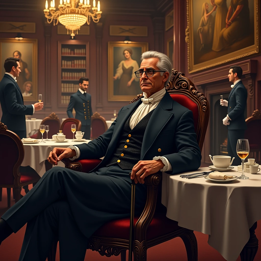 A wizened old British gentleman (cartoon character Colonel Braghard, dressed in a smoking suit), detailed portrait, sitting at a table in a smokers lounge, 1920s dressed upscale waitress, sophisticated interior, ( best quality, 4k, 8k, highres, masterpiece:1.2), ultra-detailed, (realistic, photorealistic, photo-realistic:1.37), oil painting, dramatic lighting, chiaroscuro, rich colors, cigar smoke, oak furniture, elegant decor