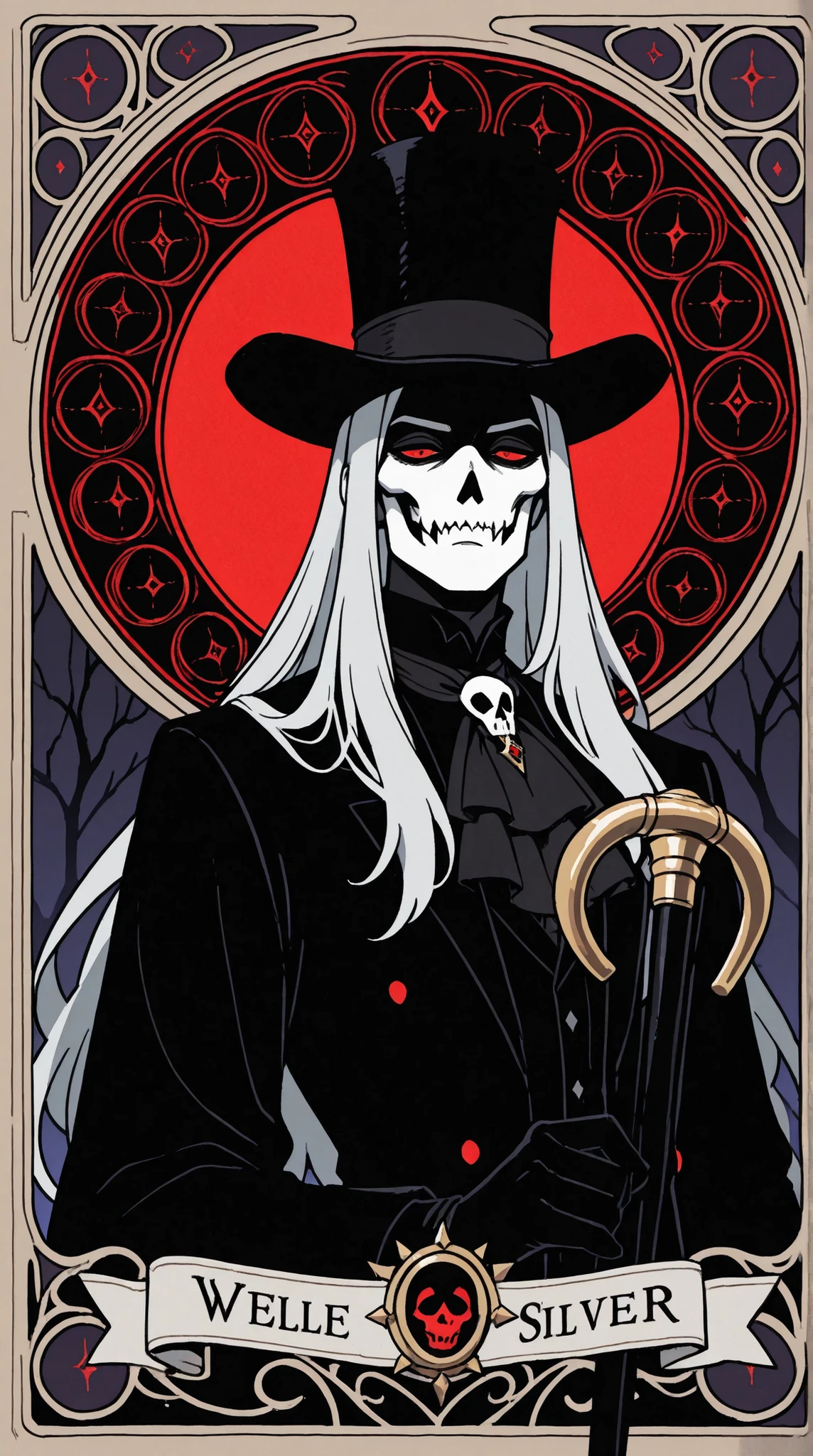 1boy, adult male, a highly stylized, intricately detailed, portrait of a gothic vampire lord, adorned with long, flowy silver hair that cascades down their back like a river of moonlight, topped with a majestic top hat, showcasing an exquisite art nouveau design, complemented by a delicate black lace cravat, tied with a subtle elegance, while grasping a skull-topped cane, exuding an aura of mystique and power, intense gaze piercing through the viewer's soul, with piercing red eyes that seem to burn with an inner flame, against a pale, almost translucent complexion, set amidst dramatic shadows that dance across the subject's face, illuminated by candles in a dimly lit, velvet-draped chamber, with an absurd, surreal quality that defies the boundaries of reality,masterpiece. masterpiece, best quality,absurdres