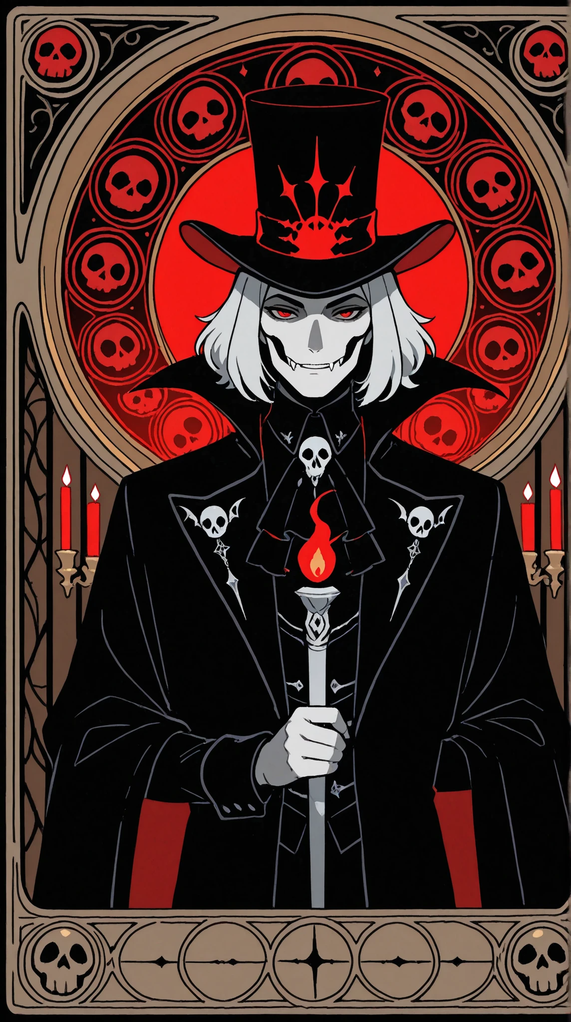 1boy, adult male, a highly stylized, intricately detailed, portrait of a gothic vampire lord, adorned with long, flowy silver hair that cascades down their back like a river of moonlight, topped with a majestic top hat, showcasing an exquisite art nouveau design, complemented by a delicate black lace cravat, tied with a subtle elegance, while grasping a skull-topped cane, exuding an aura of mystique and power, intense gaze piercing through the viewer's soul, with piercing red eyes that seem to burn with an inner flame, against a pale, almost translucent complexion, set amidst dramatic shadows that dance across the subject's face, illuminated by candles in a dimly lit, velvet-draped chamber, with an absurd, surreal quality that defies the boundaries of reality,masterpiece. masterpiece, best quality,absurdres