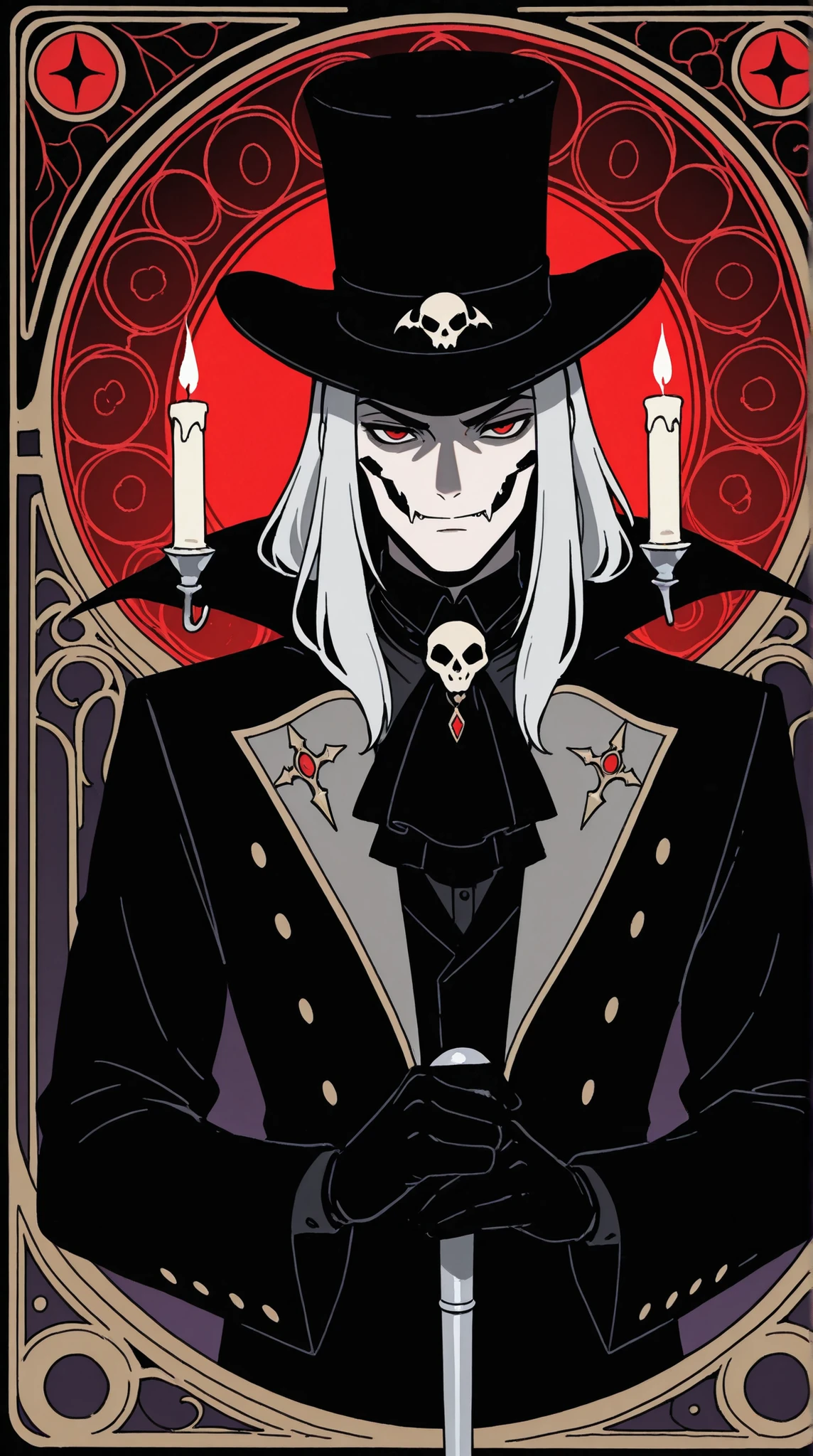 1boy, adult male, a highly stylized, intricately detailed, portrait of a gothic vampire lord, adorned with long, flowy silver hair that cascades down their back like a river of moonlight, topped with a majestic top hat, showcasing an exquisite art nouveau design, complemented by a delicate black lace cravat, tied with a subtle elegance, while grasping a skull-topped cane, exuding an aura of mystique and power, intense gaze piercing through the viewer's soul, with piercing red eyes that seem to burn with an inner flame, against a pale, almost translucent complexion, set amidst dramatic shadows that dance across the subject's face, illuminated by candles in a dimly lit, velvet-draped chamber, with an absurd, surreal quality that defies the boundaries of reality,masterpiece. masterpiece, best quality,absurdres