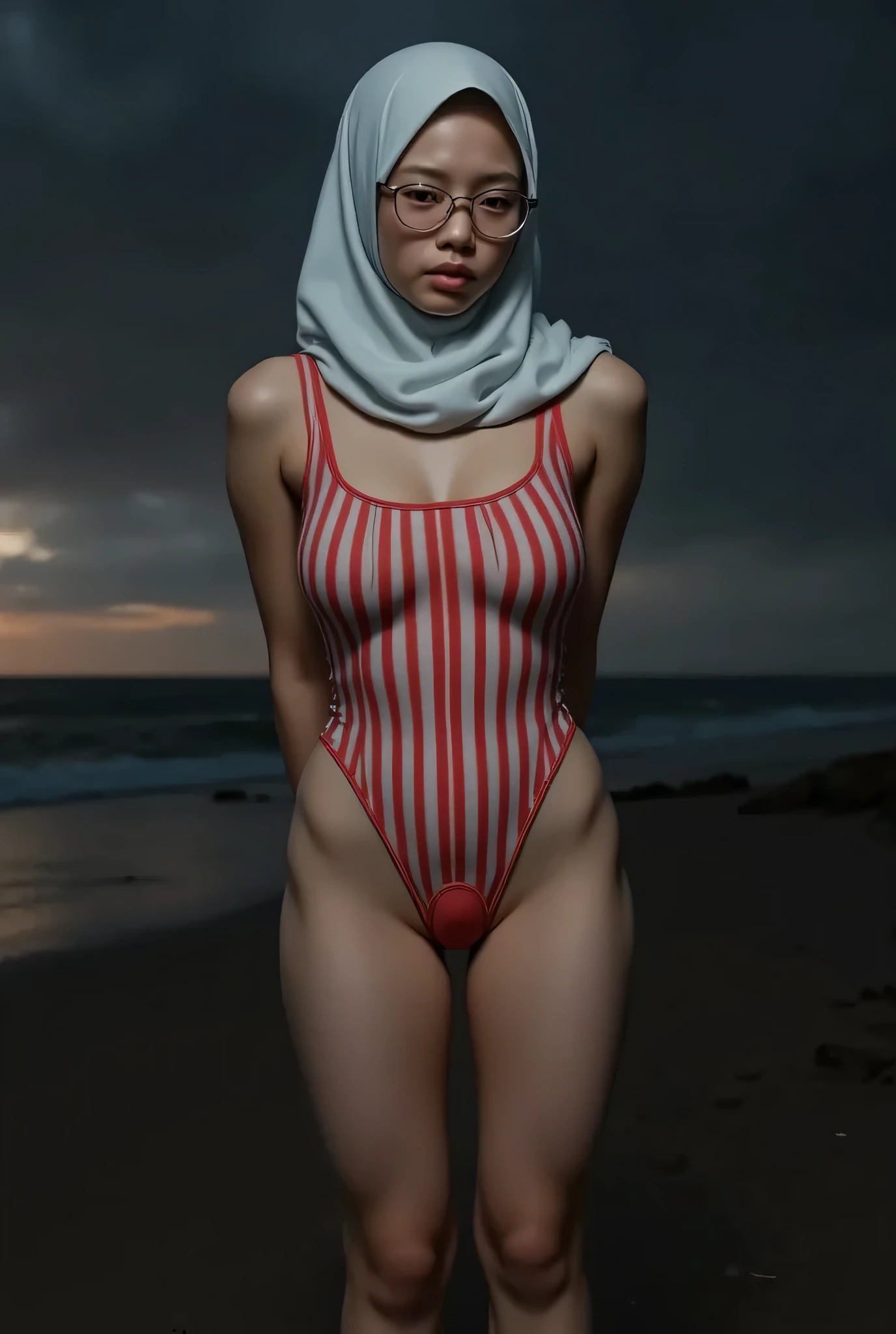 Disappointed facial expression, Front posing, Wearing Scarf neck tie, Front posing, SUPER SKINNY, memakai kacamata rabun,  (Thighs and calves huge muscles), (((MOODY FACE EXPRESSION))), "Wearing Hijab perfectly",  wearing Scoop Neck Sleeveless red Bodysuits singlet swimsuit 'Striped print', (KEDUA BELAH TANGAN DILETAK LETAKKAN DIBELAKANG PUNGGUNG NOT VISIBLE FINGER) PLEASE DON'T PUT ANYTHING ROPE!!!, THIGHS OPEN WIDE, 
   THIN SKINNY HIJAB INDO MALAY (Singlet ), 1 girl,  'BULGE PUSSY', Half body portrait, (face details: 1), (Eye details: 1), ((Big breasts)). ultra high res. realistic: 1.4, UHD, (((dark background))),  Background Di tepi pantai senja 