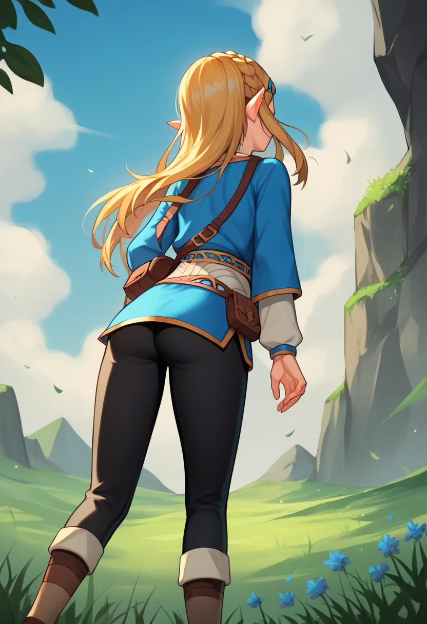 masterpiece, best_quality, 1girl, solo, princess zelda, nintendo, the legend of zelda, botw, black pants,