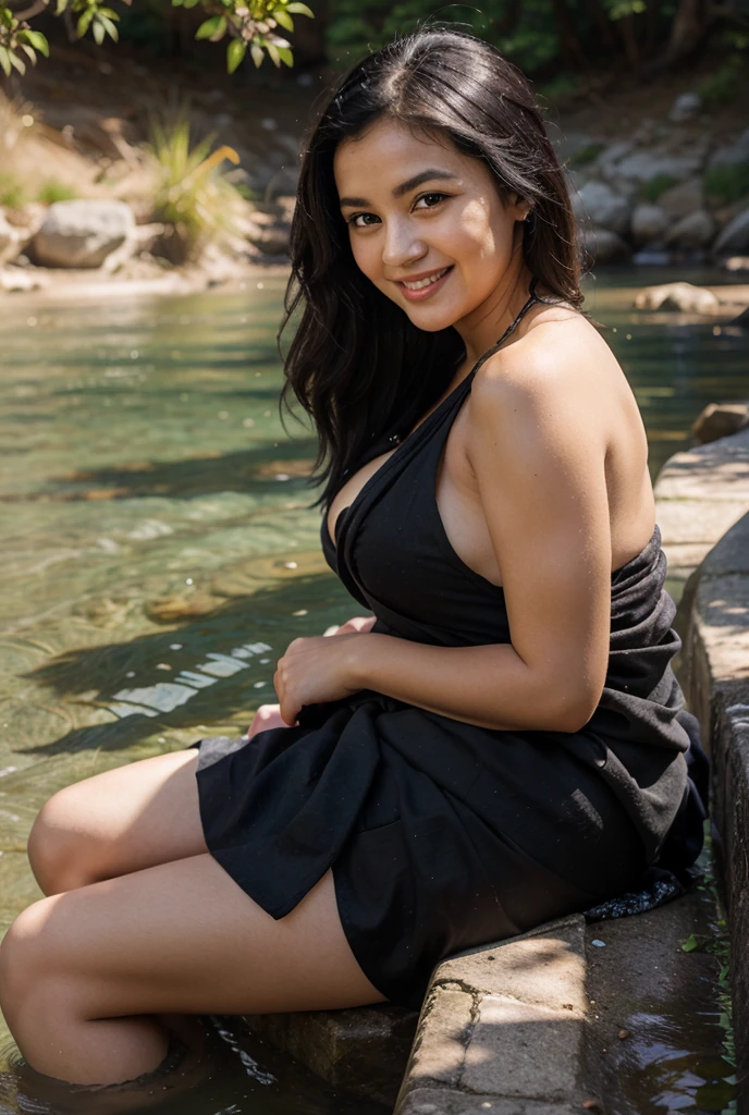 "Draw a picture of a beautiful woman. She has long, smooth black hair that is blowing in the wind. Her big eyes and sweet smile enhance the beauty of her face. naked, nude, vaginas, master bath, full body. Wearing a colorful bangle. The background of the woman is a rural scene, with a green paddy field, blue sky, and a small pond behind her, with a lotus flower on her face.