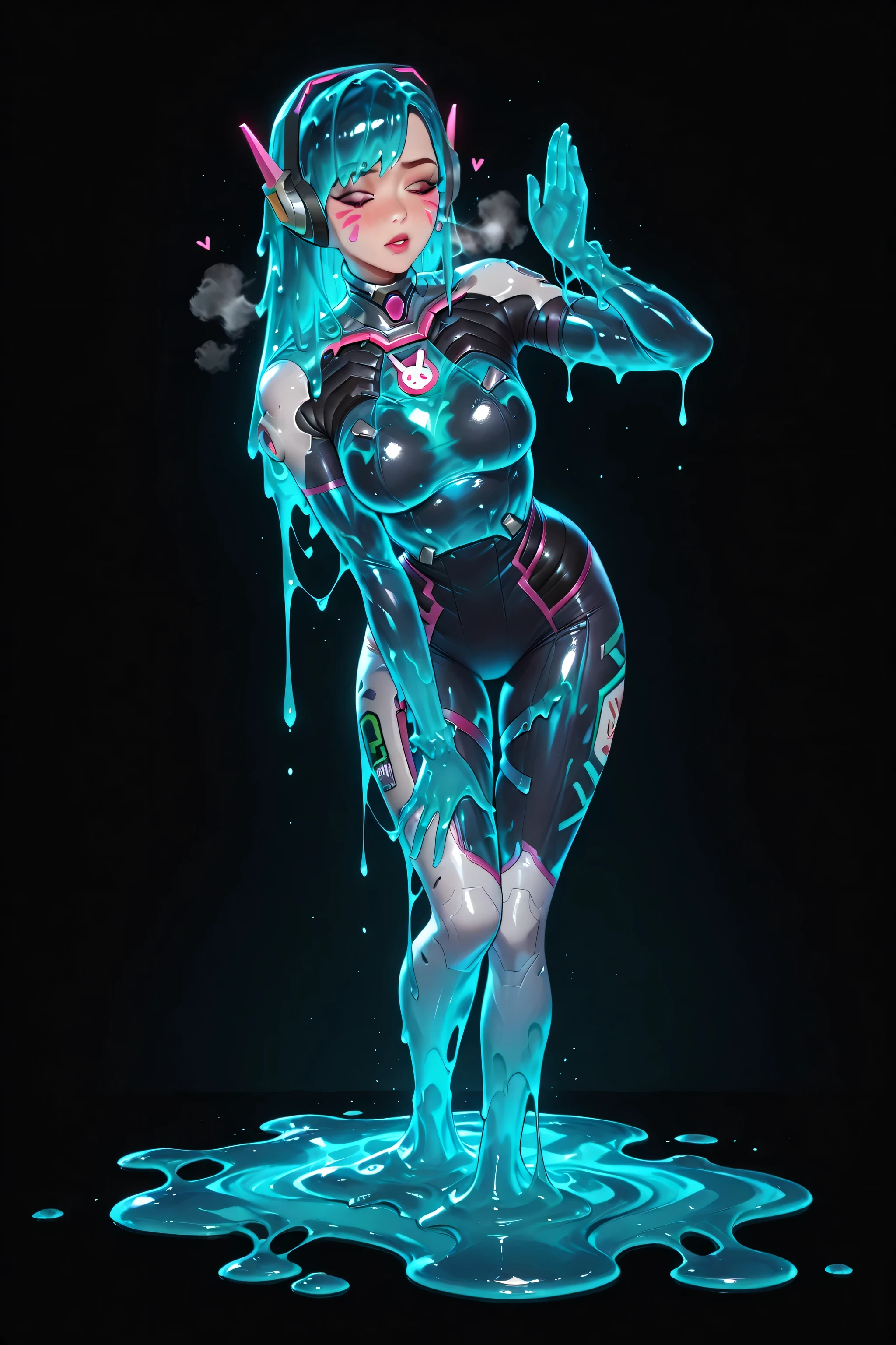 (1woman, alone, dynamic pose, D.va overwatch in her outfit:1.0, partially undressed, orgasming, shuddering, blushing, heavy breathing, face makeup, translucent:1.0, melt, melting, fully melted:1.0, transformation, melt into a puddle:1.0, melting hair,), exaggerated pose, full body, incredible lighting, volumetric light, HDR, city in the background