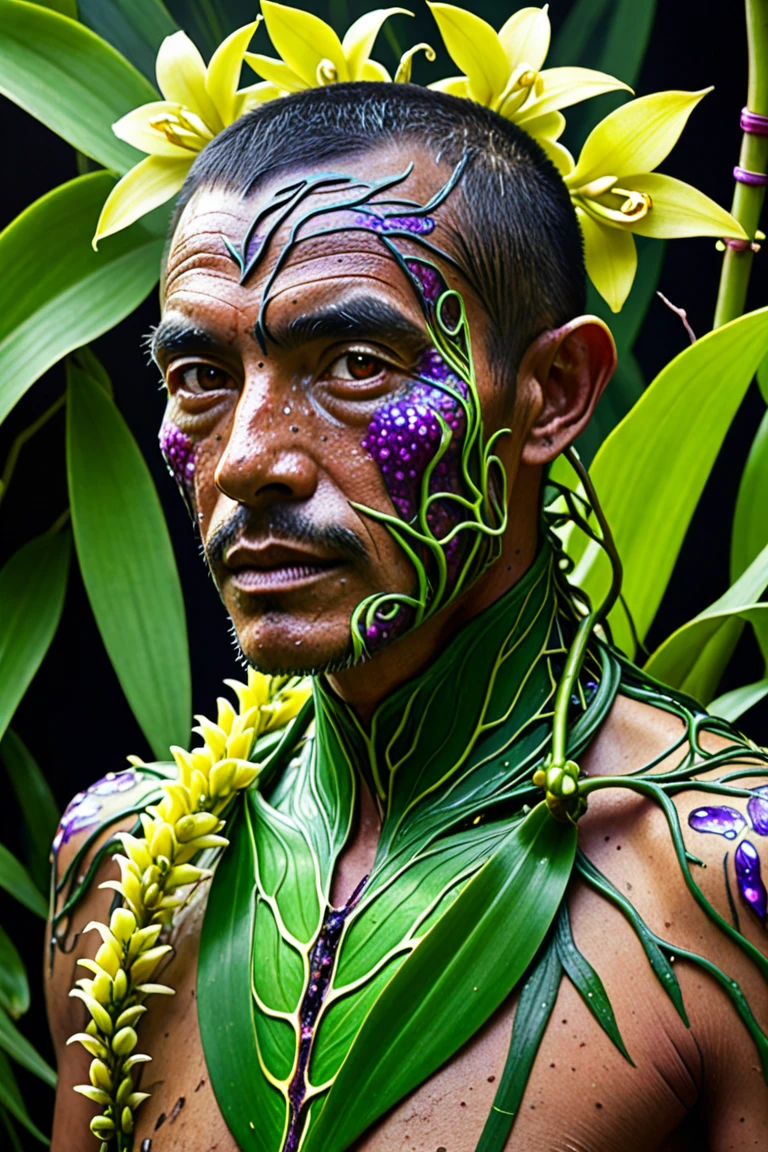 generate a plant man with a body made up of fibrous plant material resembling a woody vine, with a face that is an enormous, colorful flower male dryad, pastel green skin, white flowers growing from skin, nature decal on skin, high detail, magical, pastel colors, high fantasy, agapanthus, lillies of the nile flowers