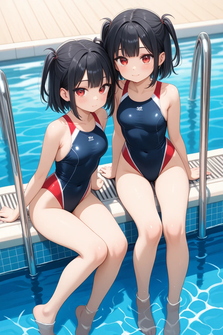 masterpiece、highest quality、High resolution、Two realistic girls、Competitive swimmer、Close-up of a person、Wearing a blue bodysuit、During Competitive swimmerics competitions、smile、Swimming Venues、sexy competitive swimwear