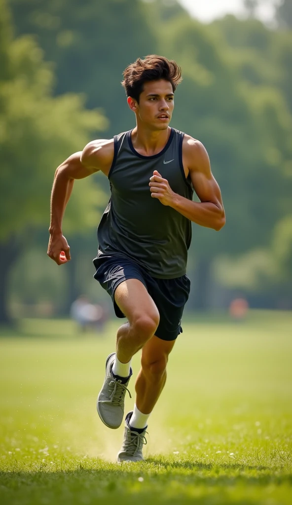 Realistic photography,Full body front view,A young Asian man jogging wearing a peaked cap,Wearing summer sleeveless sportswear,wear sneakers。
