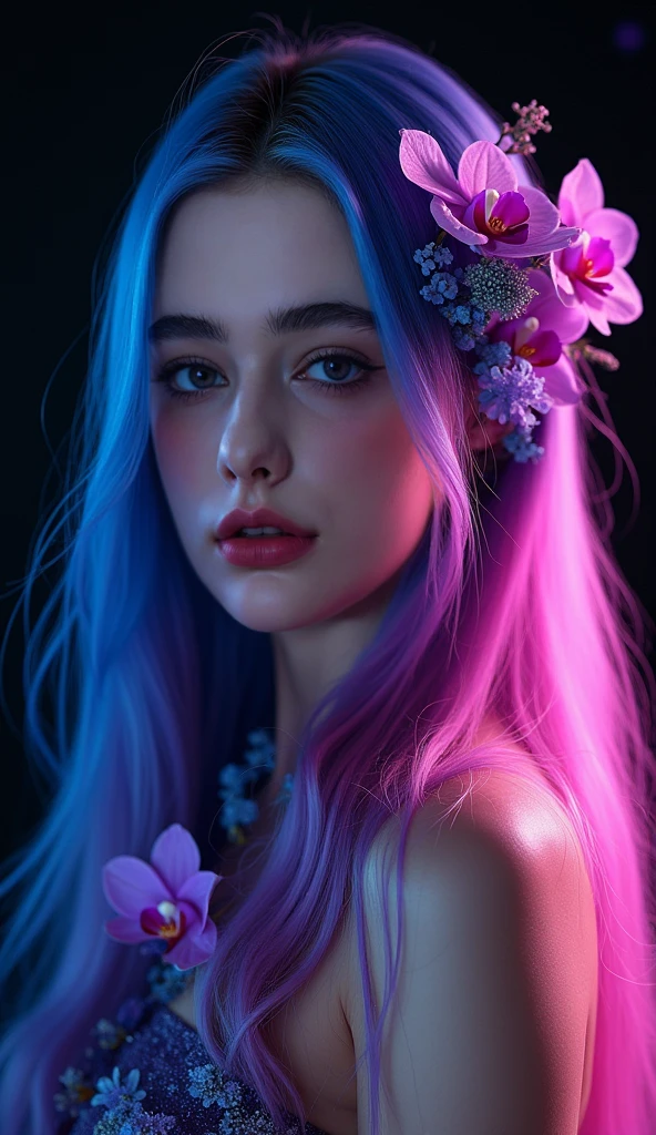 (photorealism, best quality, wallpaper in 8k ultra detailed),(perfect anatomy), a beautiful girl with multicolored hair, tattooed, in a lake of thermal waters, lush scenery with bioluminescent fauna