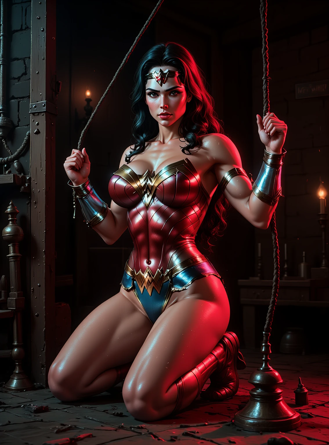 1girl, beautiful girl, wonder woman,blue skirt, (((shackles)), ((shackles and arms down, chain leads, metal collar, wrists tied)), , slavery, restraint, (basemend wall backgroun, dirty, dark, creepy), best quality, masterpiece, arms up, comic style, cartoon source