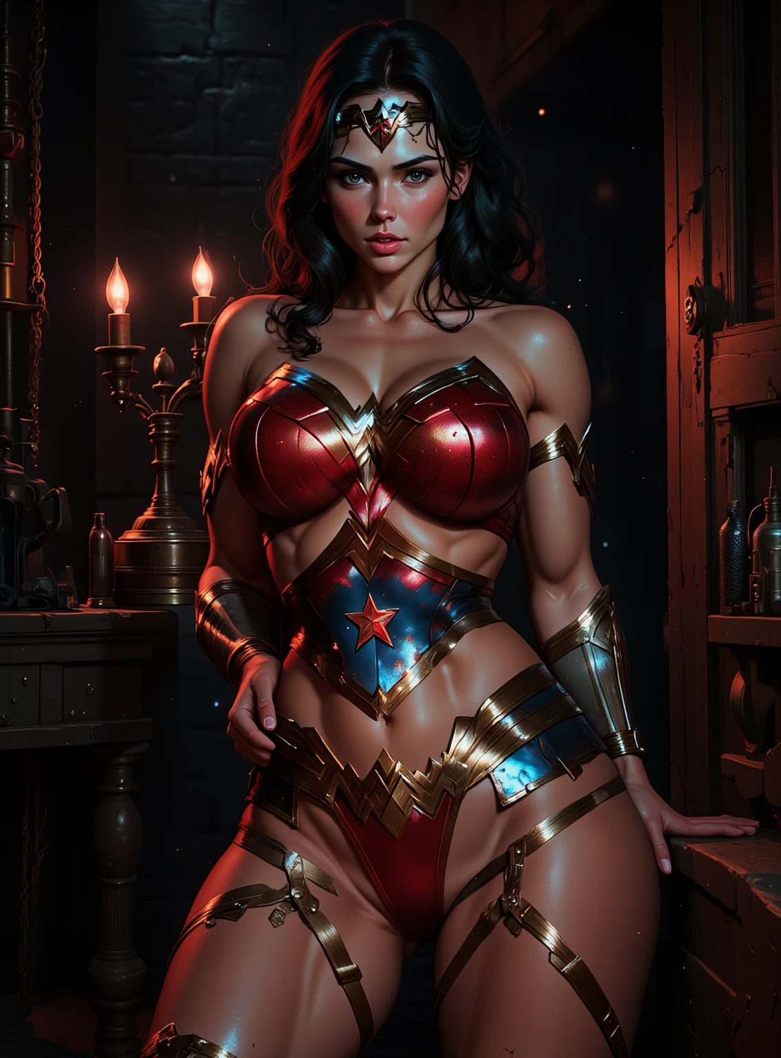wonder woman , bimbostyle with big tits}, flaming eyes, full body tattooed {incandescent red tribal}, outside in a black castle ((vampire version, dark and horror aspect))