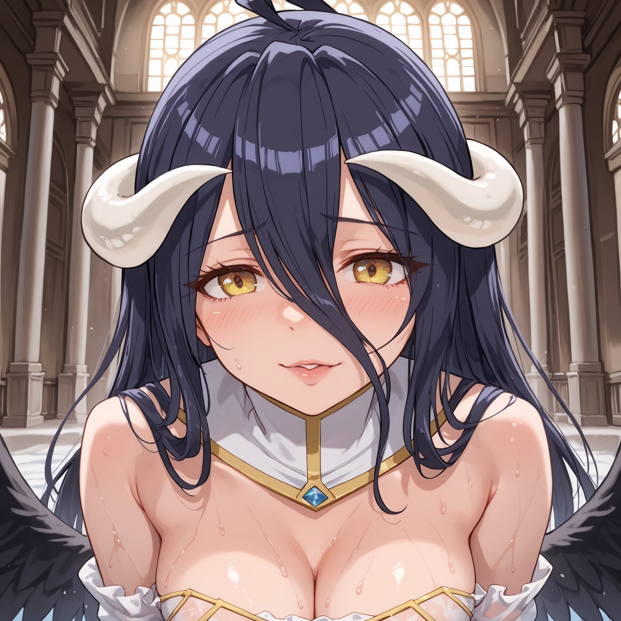 A demonic and seductive looking anime character, with black wings, long dark flowing hair, bright golden eyes, and curved horns like those of a ram. has pale skin, a mischievous smile and a playful and mysterious expression, holding a finger to his lips as if silencing someone. She wears a white dress with intricate detailing and gold accents, along with a blue gem on his chest. The scene is dramatically lit., with soft shadows that enhance her sharp features, as the background fades into darkness, adding an enigmatic and magical touch. The style is a mix of anime fantasy with intricate details, Capturing an intense portrait, close and dynamic