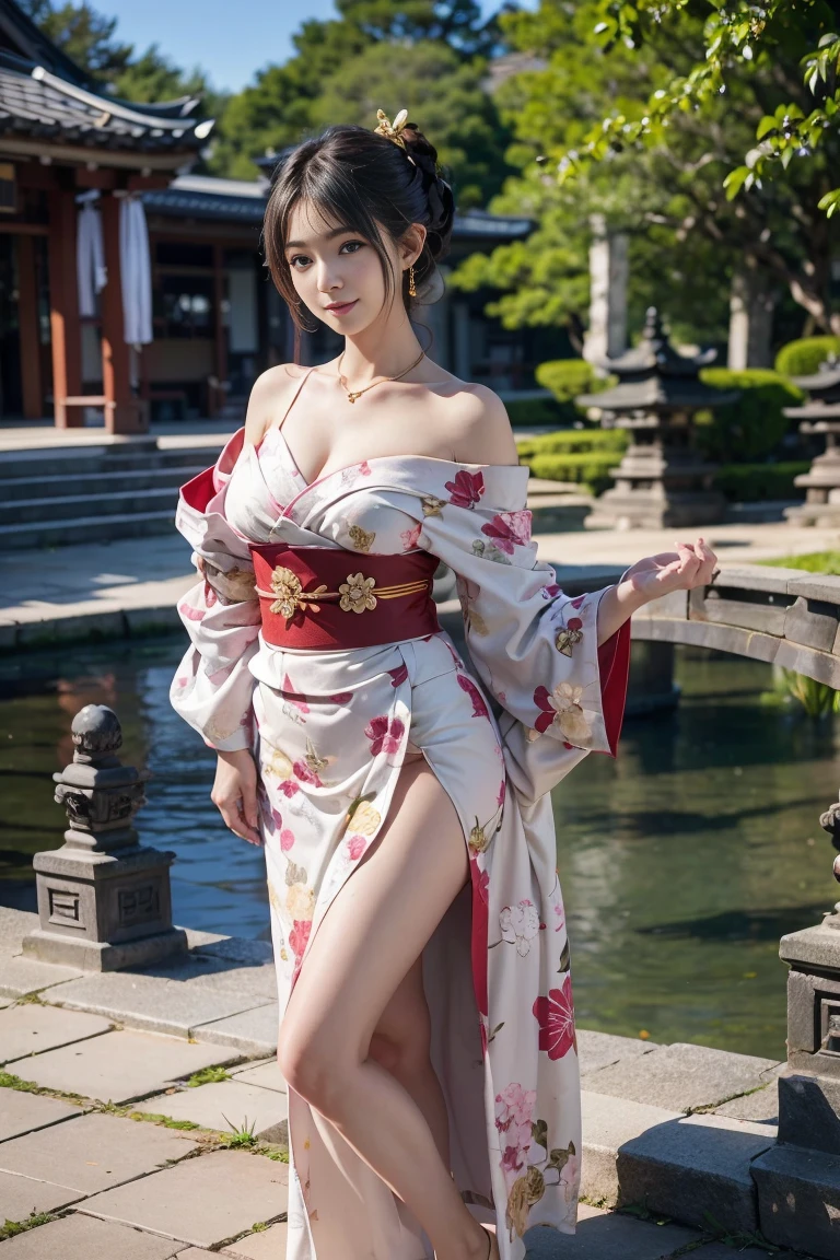 Kimono open shoulders open legs beautiful breasts stockings garden sakura samurai sword river