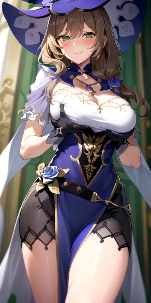 ((masterpiece, best quality)),close-up, facing viewer,straight on, face focus,((1 girl)), lisa \(genshin impact\),{short hair,}, (big breasts:1.4),(photo realistic:0.8), standing,bridal veil,wedd00ing, bridal gauntlets, bridal garter, wedding glove, (smile:1.2), (detailed light),lighting, colorful, layered backgrounds, (gorgeous background), dynamic angle, (shine),blonde hair,sleeves,(dark green eyes:1.2),(outdoor), physically-based rendering, RAW photo, highly detailed background, (photo realistic:0.8), high res, (white bodystocking),(potted plant:1.2),geyser, park, flower field,holding a bouquet,