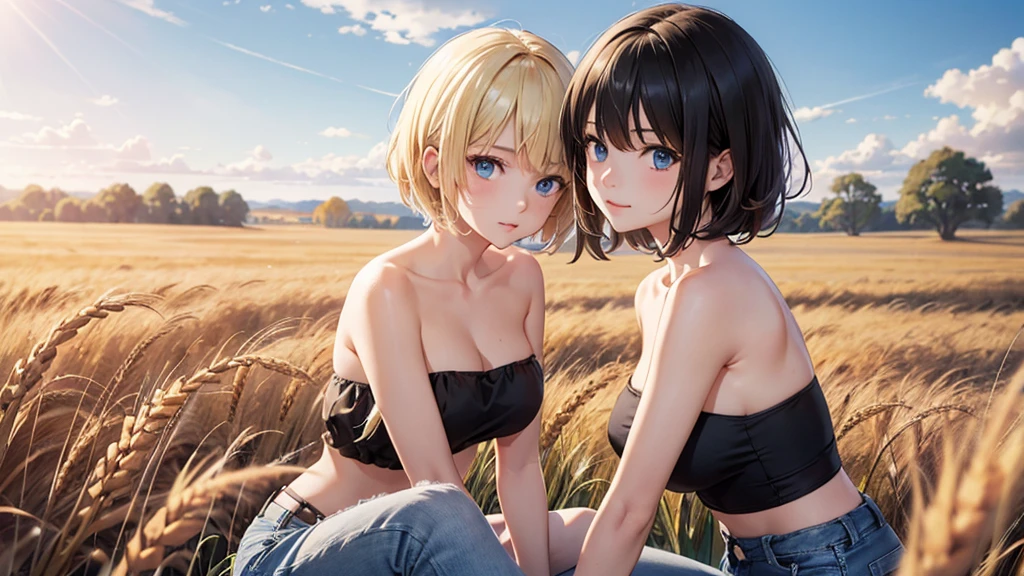 masterpiece, best quality, ultra detailed, beautiful face, beautiful skin, professional lighting, 2girls, (((on the right is a flat chest girl with short black hair, the girl on the right is wearing black bikini))), (((a little further away on the left is a large breasts girl with long blonde hair, the girl on the left is wearing white bikini))), full body, on sofa