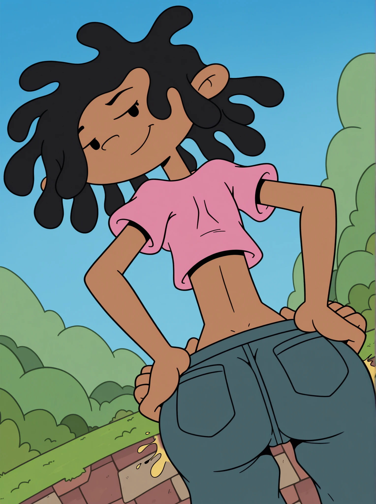 Anne Boonchuy, ((1girl)), ((age ten)), ((((short)))), (short torso), dancing, bosque, ((score_9)), looking at viewer, smiling, correct anatomy, Chibi, spread_pussy, anus, Ahegao, masturbating, creampie, penetración vaginal, embarazada, echada en el piso