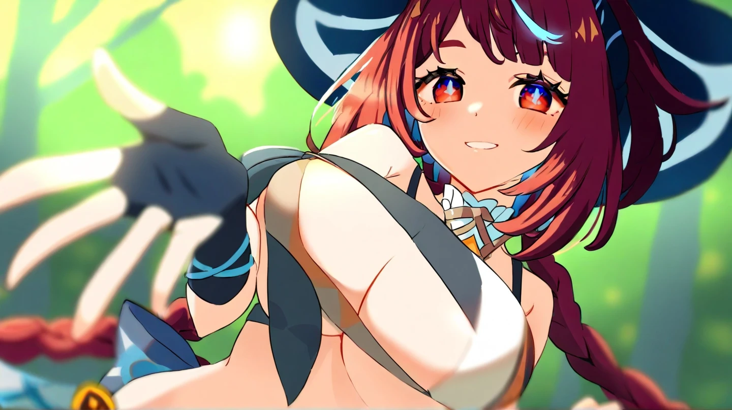 1 girl, 一人in, Completely naked, blush_sticker, Open_mouth, looking for_in_viewer, smile, :d, length_dispel, teeth, blush, cowboy_shot, dynamite pose, full_body, expensive_heels,nsfw,vulgarity,angelwing,胸の谷間,巨乳,up face