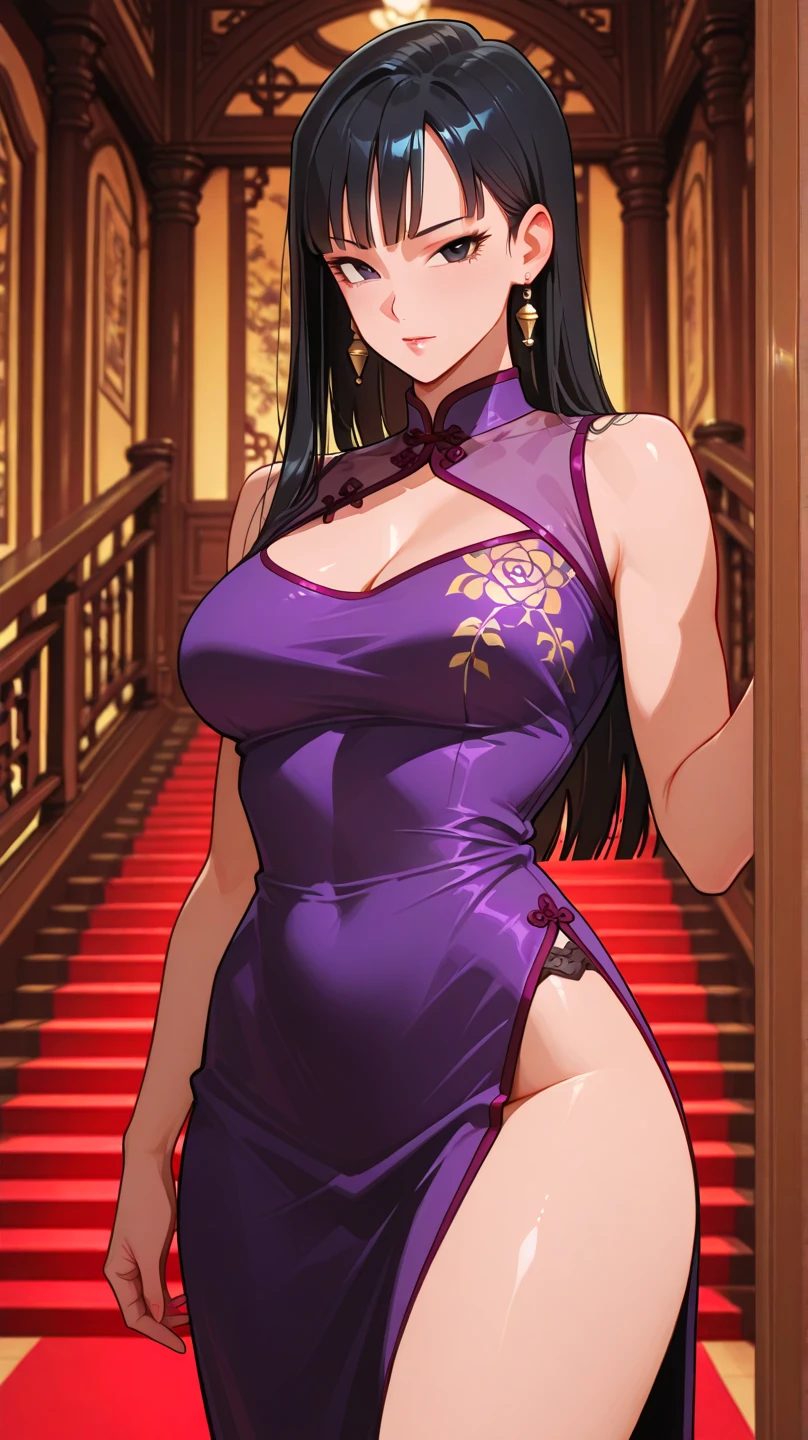 An anime-style artwork depicting Yoshioka_Maki from the game mesukyoshi4l.

Tags: Yoshioka_Maki, anime, detailed eyes, detailed lips, ass, (chinese dress:1.4), cleavage, pencil skirt, miniskirt,curvy, thighs, higheels, shiny clothes, skin tight, cleavage, long hair, solo, huge breasts,  (violet eyes), smiling expression, intense gaze, dynamic pose, indoor, palace, vibrant colors, digital art, high-resolution, professional quality, gigantic breasts, curvy, cowboy shot, (gigantic breasts: 1.4),