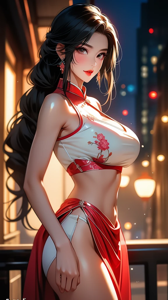 red dress, sleeveless, Japanese clothes, bare shoulders, black hair, blue eyes, eyeglass, long high ponytail, hair tie, makeup, 1 girl, sleeve, 25yo, Japanese mature female, beautiful finger, beautiful long legs, beautiful body, beautiful nose, beautiful character design, perfect eyes, perfect face, jewelry, hands on chest, see-through, looking at viewer, hair ornament, choker, shy, king of fighters,
(masterpiece, top quality, best quality, official art, beautiful and aesthetic: 1.2), (1 girl), extremely detailed, colorful, more detailed,
(large breasts:1.2,) upper body, bottom, cameltoe, white panties, floating skirt,
Cyberpunk Little Tokyo district, bustling with neon signs, night, Japanese Culture, Japanese Art