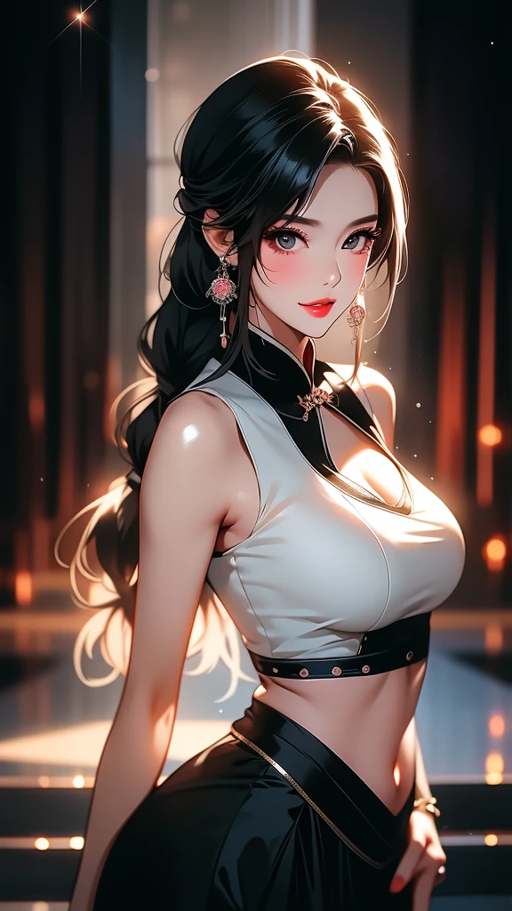 (junkotvv, cabello negro con orejas de gato y ojos rojos),8K,high resolution,absurdos,obra maestra,mejor calidad,original,CG extremadamente detallado,fondo de pantalla extremadamente detallado,perfect lighting,1 chica,solo,borroso_Fondo,mirando_en_espectador,parado en el escenario,
chixiadef,muslos,guantes,chaqueta,ropa abierta,fingerless guantes,white chaqueta,solo muslo alto,red guantes,asymmetrical leggings,arco,trenza lateral,trenza simple,
