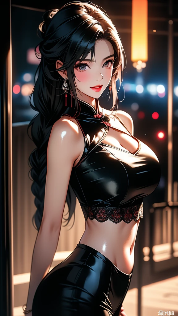 score_9, score_8_up, score_7_up, sexy Asian female, solo, cut-out black skirt, short red jacket, black transparent top, garters, meddle breasts, barely visible nipples, very long tied black straight hair, accessories, dark makeup, beautiful eyes, sunglasses, sapphire blue eyes, tattoos, puffy lips, dark eyeliner, earrings, pokies, sweaty skin, oiled skin, blushing, city background, soft bokeh, bright colors, high contrast, vivid lighting, unique angle, detailed and dynamic, 8k, hyper details

