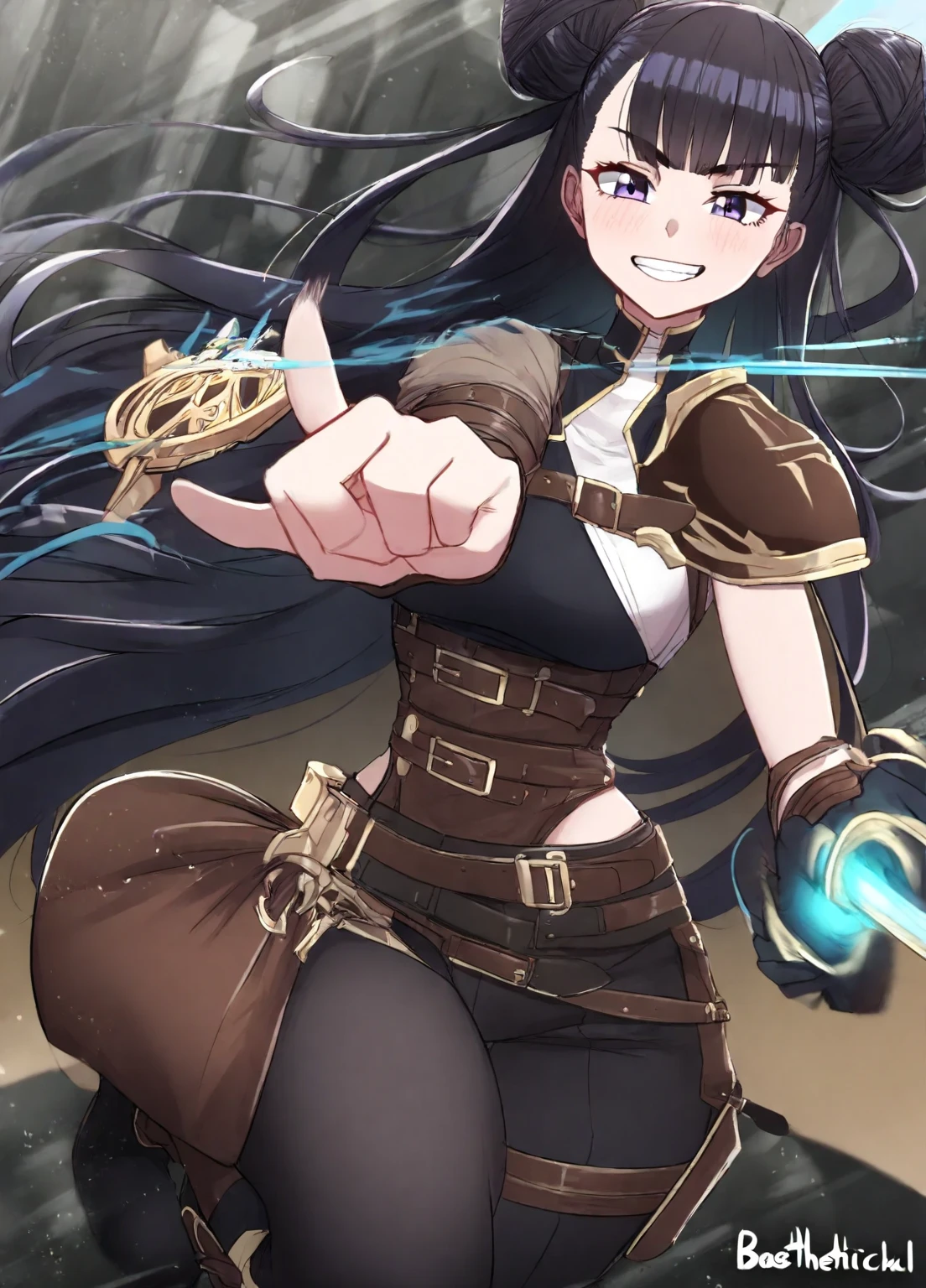 white background, simple background, Rrihho, long hair, breasts, bangs, black hair, cleavage, bare shoulders, brown eyes, medium breasts, closed mouth, collarbone, yellow eyes, ahoge, small breasts, dark skin, armor, hand on hip, towel, gauntlets, mechanical arms, naked towel, single mechanical arm, holding, holding book, <lora:Tatoeba_Last_ Dungeon_Riho_Flavin_00_02:1.0>