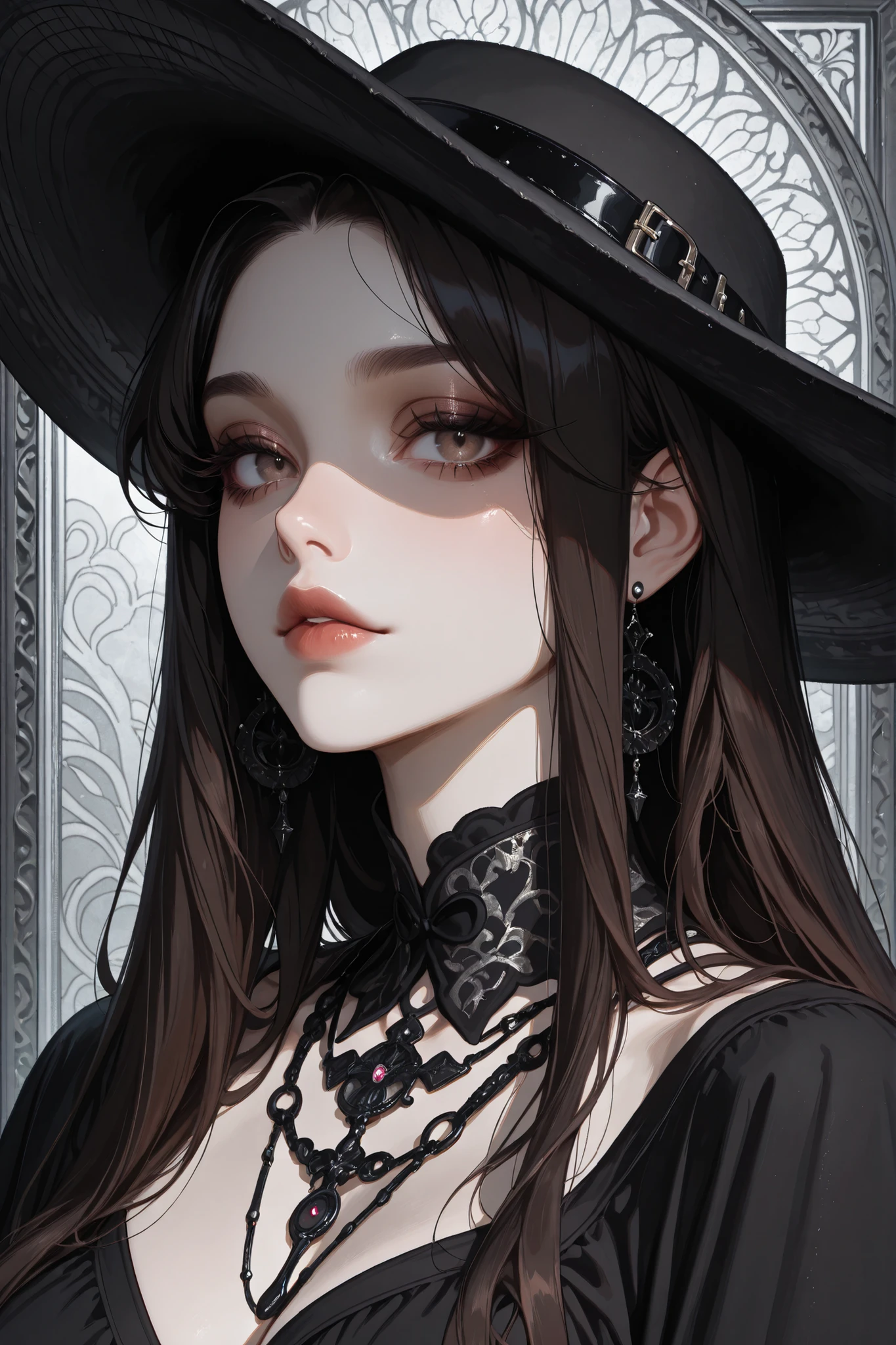 ((masterpiece, Highest quality, Very detailed, High resolution)), alone, beautiful girl, Shining Eyes, Perfect Eyes, 15 years old, Black White Gold theme,Gothic、Big hat