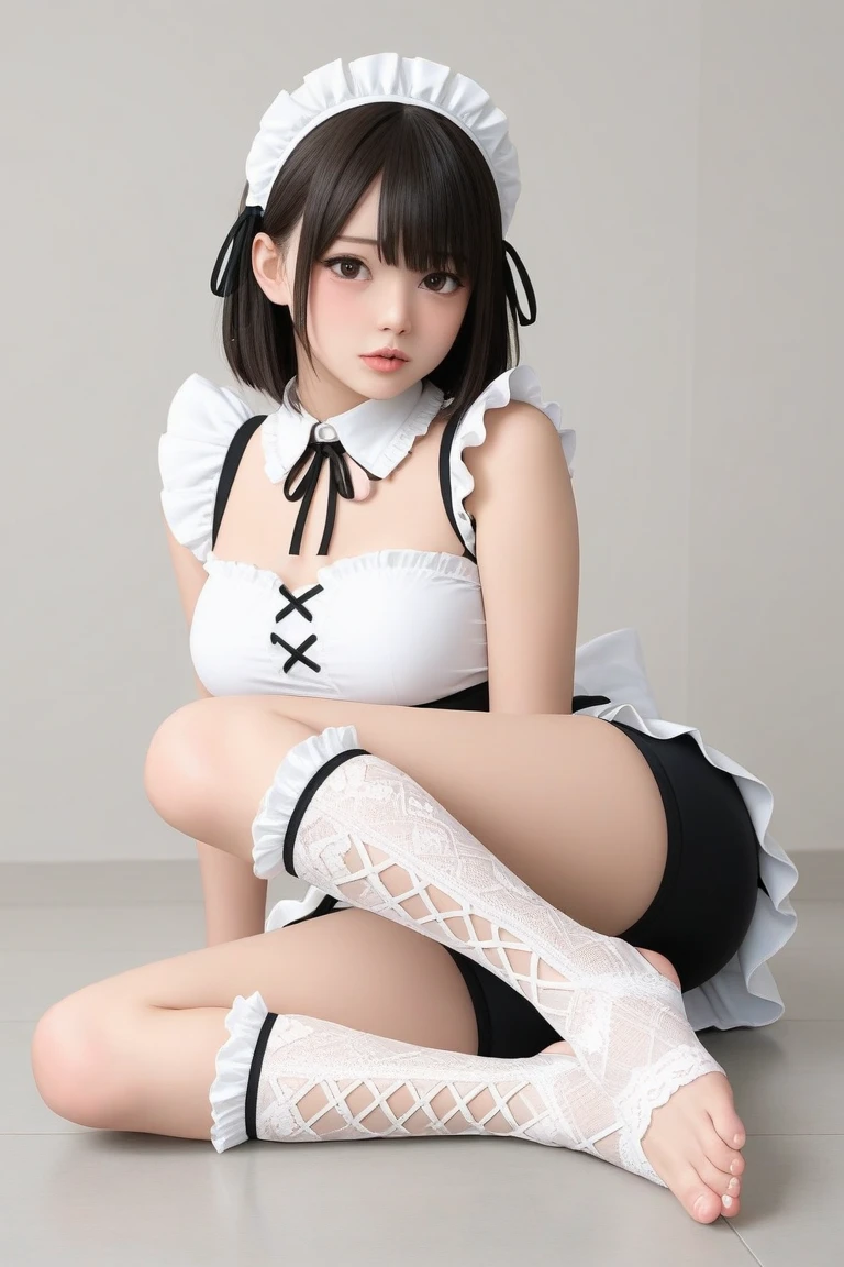 Pale white small bikini type thin lingerie,naked,Super high resolution, (realistic:1.4), thong underwear, T-back,black mini skirt,Maid Cosplay,Pubic hair is visible through the lace of panties,(((See all panties))),((:1.7)), (black skin:1.5),flesh-colored skin,(Japanese:1.5)