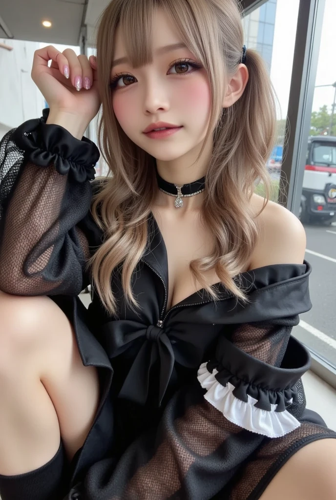 8K, RAW Photos, Fujifilm, Beautiful 20 year old woman style photo, (((Gray Hair:1.3,美しいGray Hairのストレートヘアー、シルキーなGray Hair)))、(((A sheer dress:1.5,))) Gold earrings, (Highly detailed skin: 1.2), Light medium brown hair, Film Grain, 35mm, Cute Style、Open your mouth、car、(((Standing 1.5)))、Selfie with smartphone、skirt、I can see your thighs、underwear、Erotic