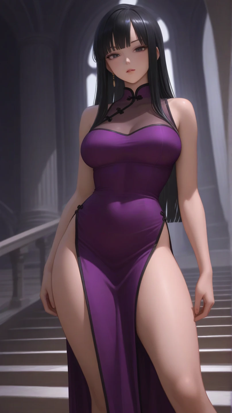 solo, full body, 42-year-old female, chinese, korean, lipstick, black hair, toned, big breasts, (big thighs, wide hips, thick thighs, big hips, athletic waist, small waist, barely visible abs), purple satin short dress, short dress, long hair, high quality, highres