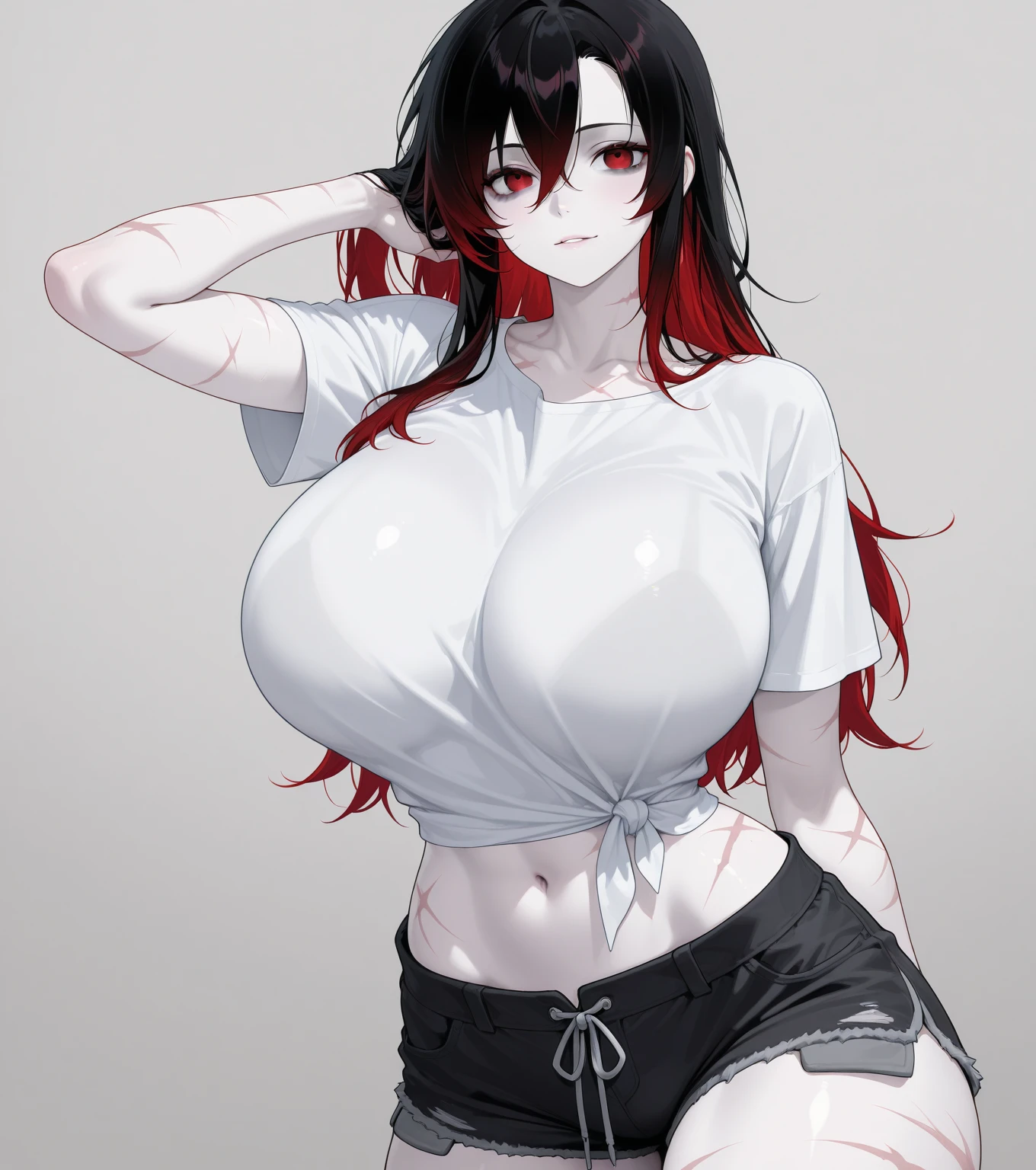 Masterpiece, best quality, 1 girl, long hair, big bust, ((Red Hair)), ((long hair)),((White crop top)),Tight Shorts,Sexy,Sensual,Red eyes,Serious, emotionless, adult woman, seductive, hands on hips, ((chubby body)), ((Nice Thighs, Huge Boobs, Huge Breasts))