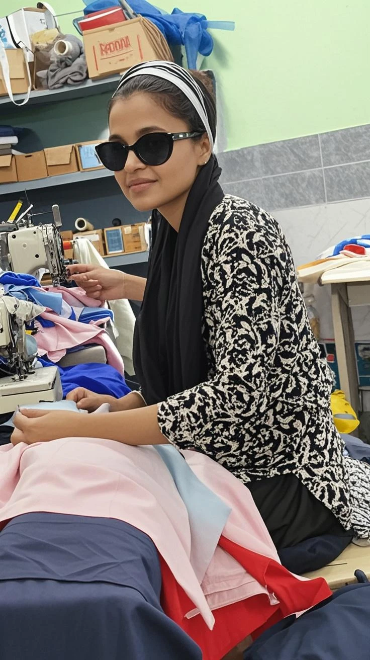 This image shows a young woman wearing a hijab who is in a sewing workshop.. The woman was wearing a cream-colored hijab and a blue apron with writing on it. "MARETHA FASHION" In front of him. In front of him is a sewing machine with writing "Indonesia," which shows that this is a local product.

This room is full of sewing equipment such as rolls of thread., cloth, scissors, and various other accessories neatly arranged on the table and walls. In the background, there are some pictures and clothes hanging on the wall, adding to the effect of this room as a place of active sewing.

This woman seems to be smiling, create a friendly and professional atmosphere.