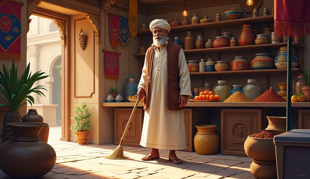 Yusuf the Servant - A kind, elderly servant with a humble demeanor, dressed in traditional attire, standing in the palace kitchen.