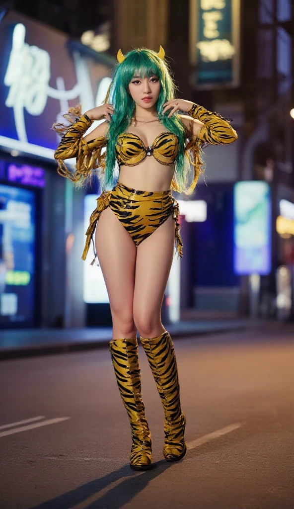 /*Quality writing*/
of the highest quality, 16 K, masutepiece, hyperdetailed face, very detailed lips, Detailed eyes, Realistic pupils,
BREAK,
/*Characters and expressions*/
(Extremely beautiful girl:1.2), (japanaese girl:1.2), 1 girl, Light on Face, 18 years old, ((Very sweet smile)),
BREAK
/*garments*/
((ram, Orange Eyes, Long hair, Green hair, aqua hair, multicolored hair, tiger print, Strapless bikini, Yellow boots, Yellow horn):1.3), (Highly detailed costumes:1.1),
BREAK
/*Pose*/
(Lift the hem of the skirt, Lift the hem of the skirt with both hands, Lift the hem of the skirt yourself), nice hand, Perfect hands,
BREAK
/*Angular posture*/
(Sparkling night sky:1.2), (Festive carnival atmosphere:1.3), (lots of flower:1.2), carnival, Halloween, Town, (Halloween Party:1.2), jack-o-lanterns, Bat, Looking at Viewer