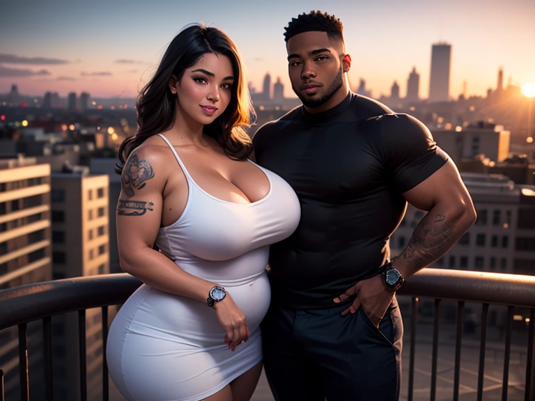 four Dominican women with beautiful highly detailed faces are wearing tight-shirts and long white yoga-pants (the women express desire) (kneeling on-floor) (the women surround a huge muscular black man and stare at him as he smirks) (One black man short-haired tall huge barbarian beefy muscular Man in center-of-composition hugging beautiful women tackling him and touching him and feeling him and snuggling him)
