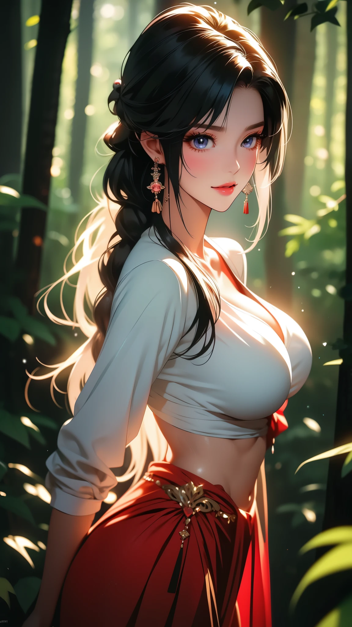 (A photo of upper body), a female wolf in forest, mature woman, chubby, Beautiful face, Highly detailed face and skin texture, (Detailed eyerown eyes, Double eyelids, Thin eyebrows, Glitter eyeliner: 1.2, Natural cheeks, Shiny skin, Fair skin, (((with robe))), (Shiny lips: 1. 4), (none smile), (40 years old), (Wavy hair, Diagonal banglack and blue hair)),long mid hair, ((full body shot)), ((Focus on chest and face)), large breasts, Upturned breasts,