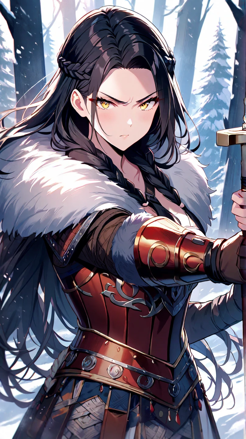 (best quality,HD,highres:1.2),detailed woman in Christmas costume,carrying a large axe on her back,wielding a massive sword,mmorpg style,fantasy,ultra-detailed weapons