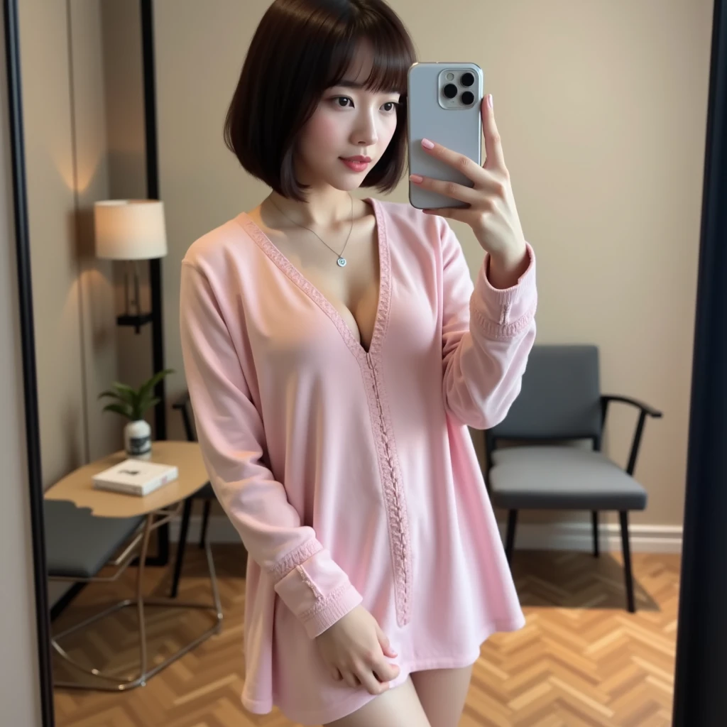 masterpiece、highest quality、Cute face, Realistic 8K, (Glasses),(Lying in bed、Prone:1.2)、Light pajamas、Large Breasts、valley