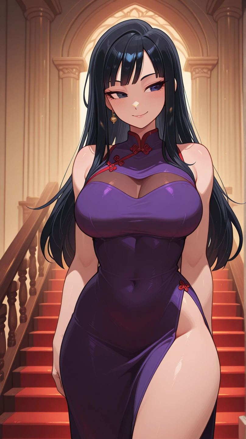 masterpiece, ultra high-quality, extremely detail 8k cg, high resolution, 1girl, yuugao, solo, purple hair, long hair, sidelocks, brown eyes, perfect eyes, thin body, huge breasts, bursting breasts, evening gown, halterneck, criss-cross halter, high heels, choker, beautiful face, outdoors, garden, night time, full shot photo, full body