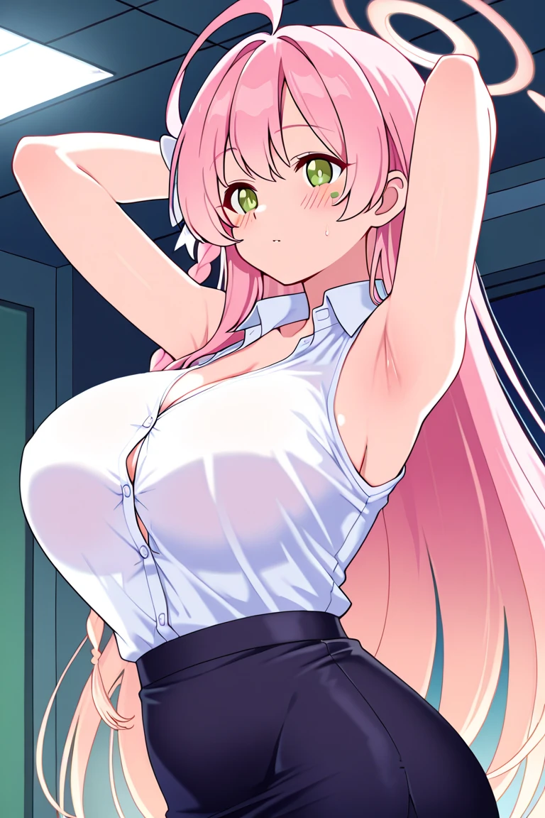 girl, mini tank top, huge breast, thong, thicc thigh, pink, charming smile, light pink hair, hime cut hair, long hair, see through tank top, pussy hair, girl room, no bra, deep cleavage