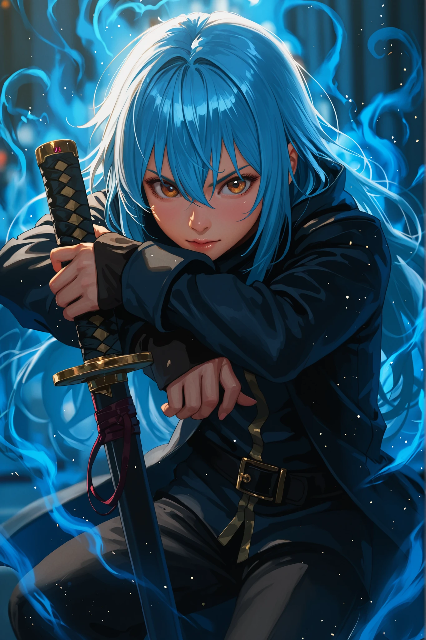 hyper-detailed , anime-style, blurred background, depth of field, ultra-realistic, cinematic lighting, floating aura around body, halation effect, mana particle floating all around body