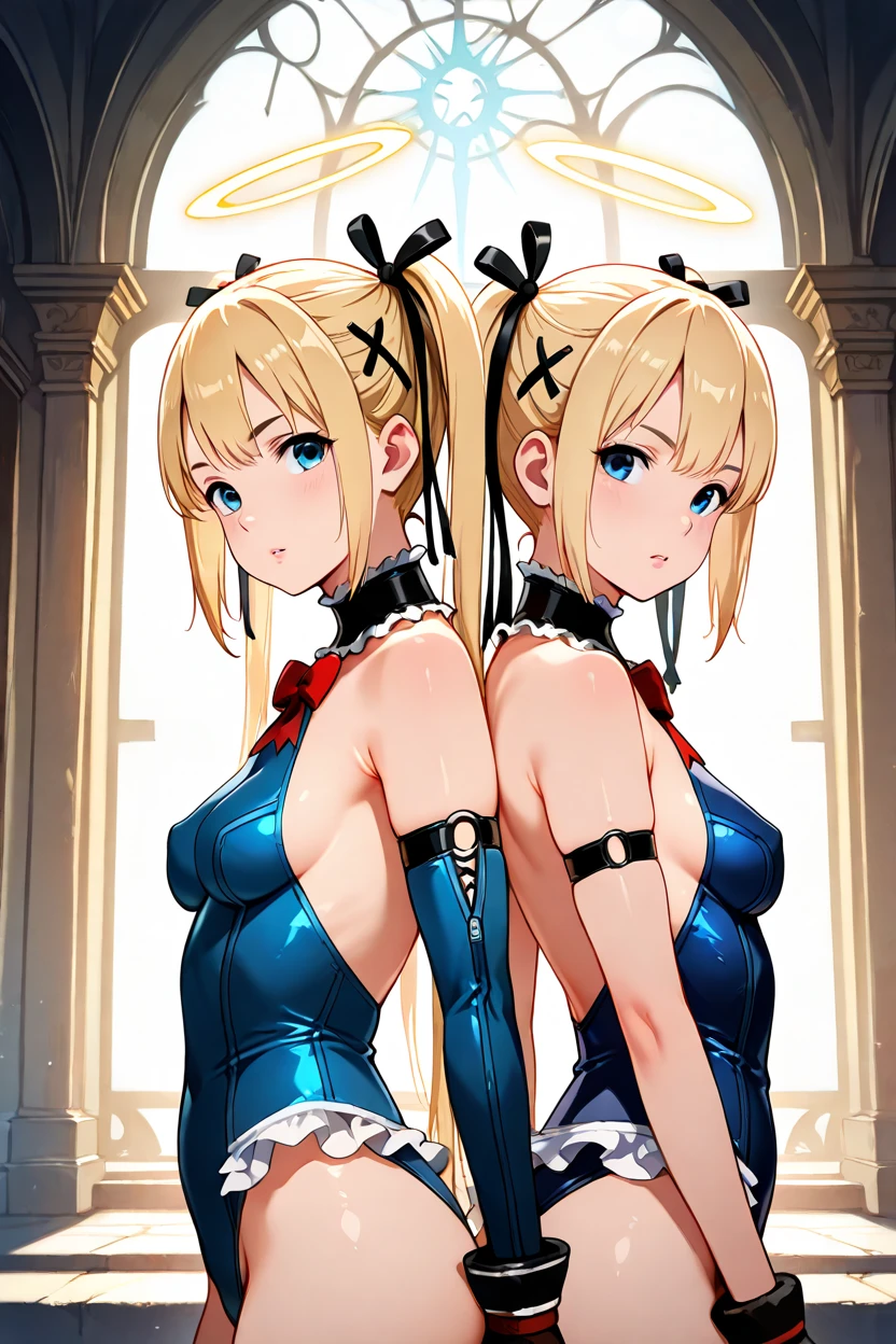 2girls, looks each other, symmetric, strapless, playboy bunny suits, simple background, smile, middle breasts, middle hair, blonde