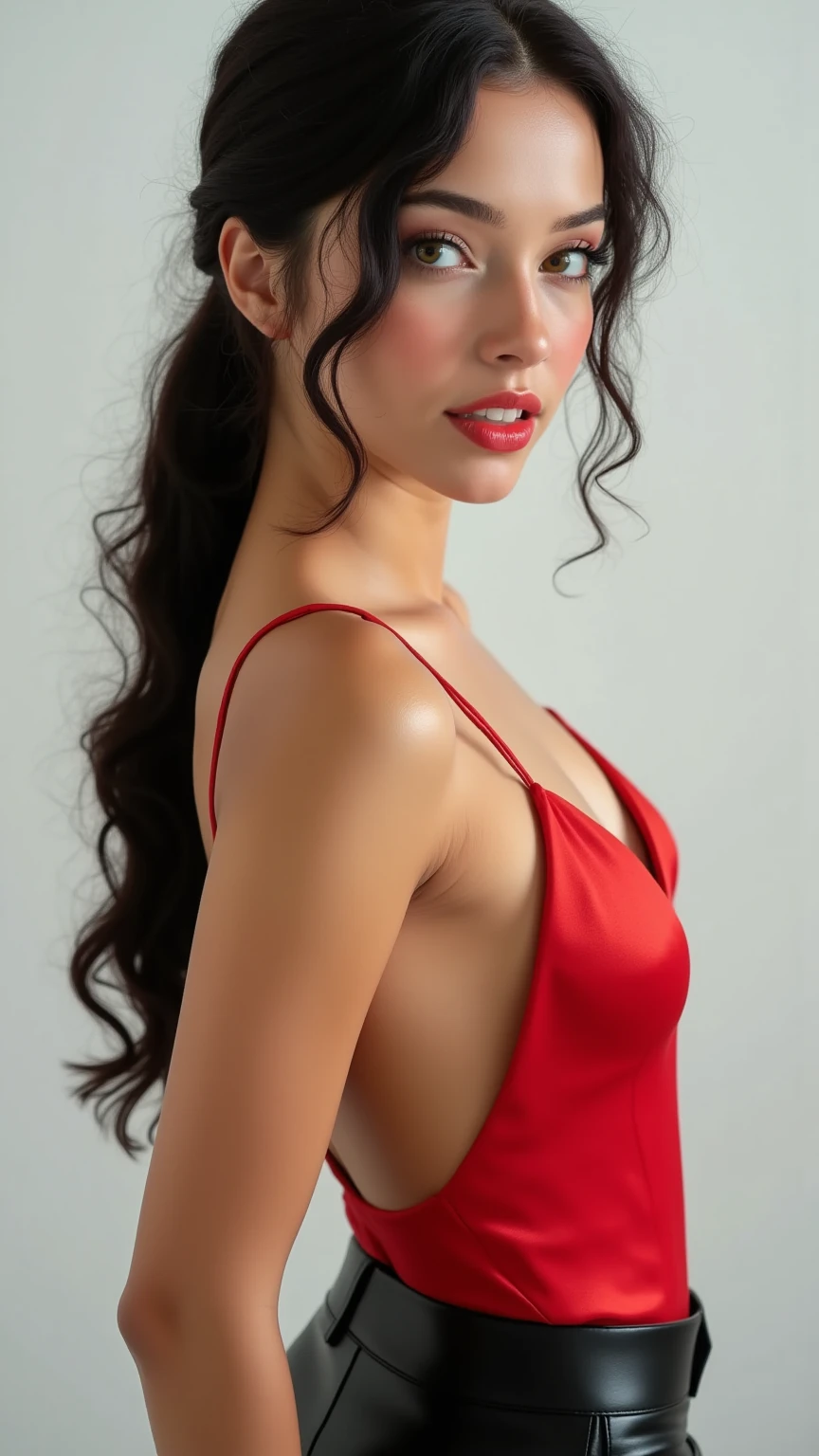 Realistic portrait of Yuliya Snigir, a talented -year-old modelo, born under the sign of Gemini, sensitive and delicate, white a graceful height of 1.68 meters and a weight of 57 kilograms. She enchants everyone with her unique beauty, her fair skin and unknown eyes accentuate her delicate features, which are enhanced by her long and silky dark brown hair. 81 bust, 61 waist, 84 hips.She is wearing a red lace dress with a plunging neckline and a slit, an elegant and alluring garment. The red color brings a sense of passion and intensity, and the lace adds a touch of delicacy and sophistication, providing an interesting contrast with the vibrant red. The slit in the dress adds a hint of boldness and subtly reveals her legs, giving a sensual and elegant touch, creating an attractive and provocative appearance. The neckline partially showcases her beautiful breasts. The high-heeled shoes elongate her silhouette, giving her an elegant and confident posture, adding even more glamour and sophistication to a refined and seductive look. The setting is a studio designed with a white background, providing a neutral and versatile canvas. The soft and elegant lighting spreads throughout the space, creating a pleasant and welcoming atmosphere. The soft tones of light highlight the forms and elements with subtlety, providing a sense of sophistication to the well-lit environment and an elegant aesthetic. The studio lighting consists of three types of lights: the main light, the backlight, and the fill light. The focus is on the shoulders and hands, highlighting expressive gestures, capturing the essence of emotions and messages, making the image more engaging and impactful, adding depth and meaning, red lips, chromatic aberration abuse, UHD, retina, masterpiece, ccurate, anatomically correct, textured skin, super detail, high details, high quality, award winning, bRealistic portrait of Yumi Lambert, a talented -year-old Modelo, borest quality, highres, 1080P, HD, 4K, 8k, 16k --q 5