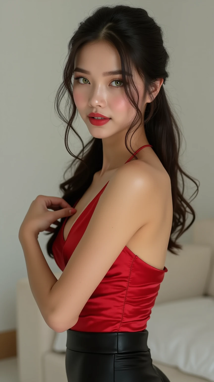 (best quality:1.4, masterpiece:1.4), (realistic, photo realistic:1.2),sharp focus, ultra high res, UHD, 8k, absurdres, (realistic skin, Detailed skin), (best shadow), (normal physical expression, perfect anatomy:1.7, perfect hands), (cinematic lighting), Moist eyes, Moist lips,
break
1girl, phillipine , solo, upper body, portrait, looking at viewer, short brown hair, very long hair, (see-through, bare shoulders, sexy mini Minimalist evening red gown:1.3), indoor garden, glass house, starry night, flying petals, flowers, moonlight