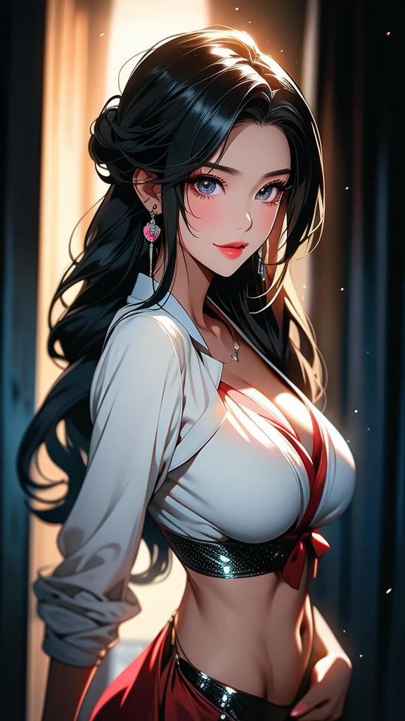 20 year old woman、(masterpiece:1.4)、(highest quality:1.4)、ultra high resolution、anime style、black long hair、Round earrings、necklace、white dress、(huge breasts:1.2)、red face、smile、Upper body close-up、sunrise、mountaintop、deep shadow lighting