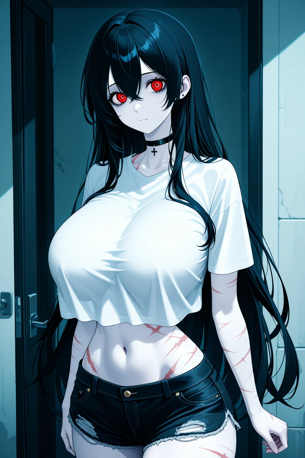 (Ultra detailed skin), pale skin, (super thin hair),(ultra soft hair),(ultra straight hair:1.5),Swept long bangs,black,Hair over one eye,blue eyes, black, straight and silky defined hair long white t shirt until thighs, (White shirt, naked lower body, torn, mid-chest torn shirt, no underwear, shirt covers , nsfw manga, evil blue eyes, greyscale, glowing eyes, power, black and white