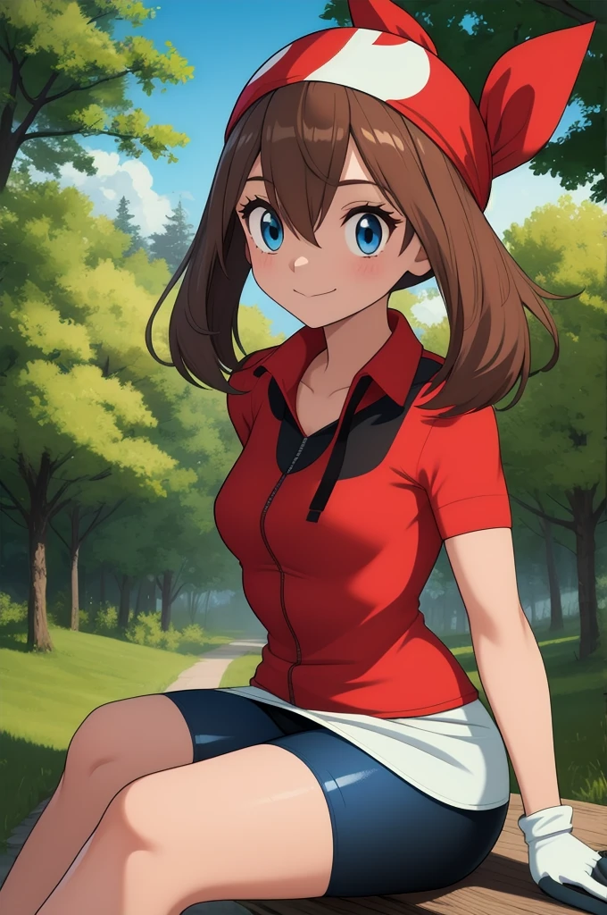 masterpiece, best quality, high resolution, serene 1, 1 girl, serene 1, 1 girl, serene (pokemon), solo, gray eyes, black hair, green shorts, red tiara, shirt, tied shirt,, short hair, short sleeves, shorts, stripes, yellow shirt, belt, middle class shooting, grass, field, smile, standing,