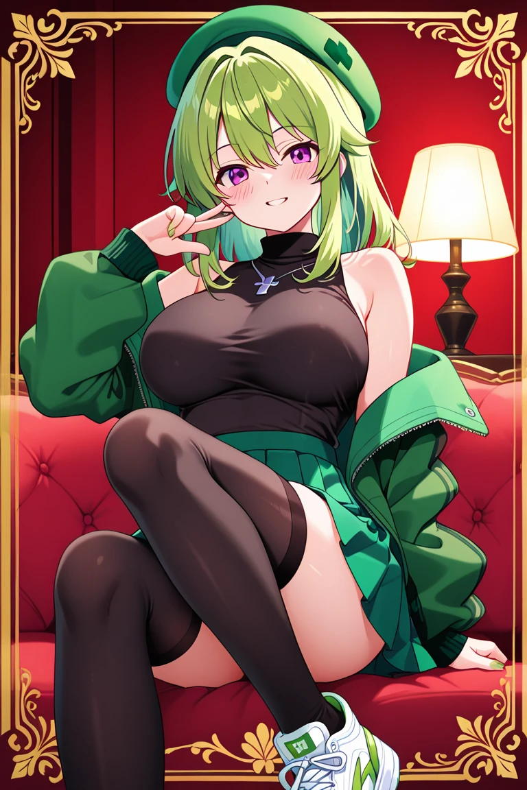 masterpiece, best quality,((ultra-detailed)), (illustration), ((an extremely delicate and beautiful)), solo, calm Expression (beautiful detailed eyes),(bright eyes) ,(detailed light),(well detailed background) (best quality), (high quality), 1girl, solo , alhaitham \(genshin impact\), looking the viewer, short hair, grey hair, green eyes, bright eyes, big breasts, hair over one eye, headphones, lingerie, indoor, bedroom, smirk, makeup, woman laying on bed ,(( legs spreading wide open)), hands on breasts, (((breasts groping))), cleavage, topless