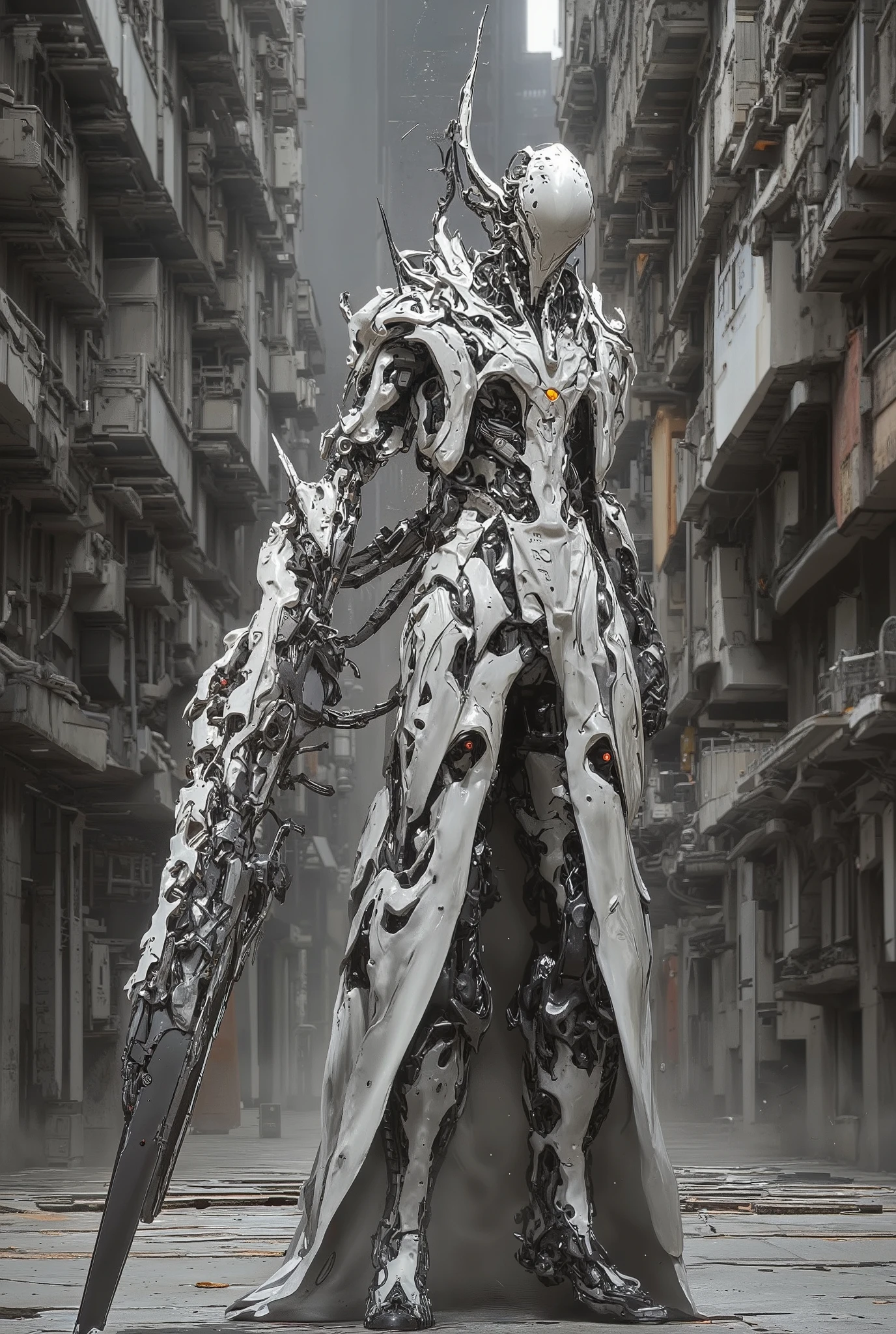 A futuristic figure in armor walks in the middle of a complex architectural urban landscape. The figure, apparently a cyborg warrior or operative, is clad in intricate white ceramic armor, displaying detailed plating. The design of the armor is complex and detailed, without a face, and the hands are covered in gloves. The figure holds a rifle and shows a neutral, wary expression on his face. The urban landscape is a collection of tall futuristic architectural structures, showing a combination of angular and smooth lines in gloomy tones. Soft light penetrates into the gaps between the buildings. The general lighting creates the impression of an overcast day. The ground looks paved, with muted neutral colors and few greenery or plants. The atmosphere is both serious and technologically advanced. It is dominated by sci-fi, cyberpunk and architectural styles. Foreshortening is a complete shot from a medium distance that allows you to clearly see a figure and its surroundings. The image style is realistic, stylized, detailed and emphasizes the high-tech aesthetics of the environment, digital art in the style of Vadim Kashin's works.Vadim Kashin style