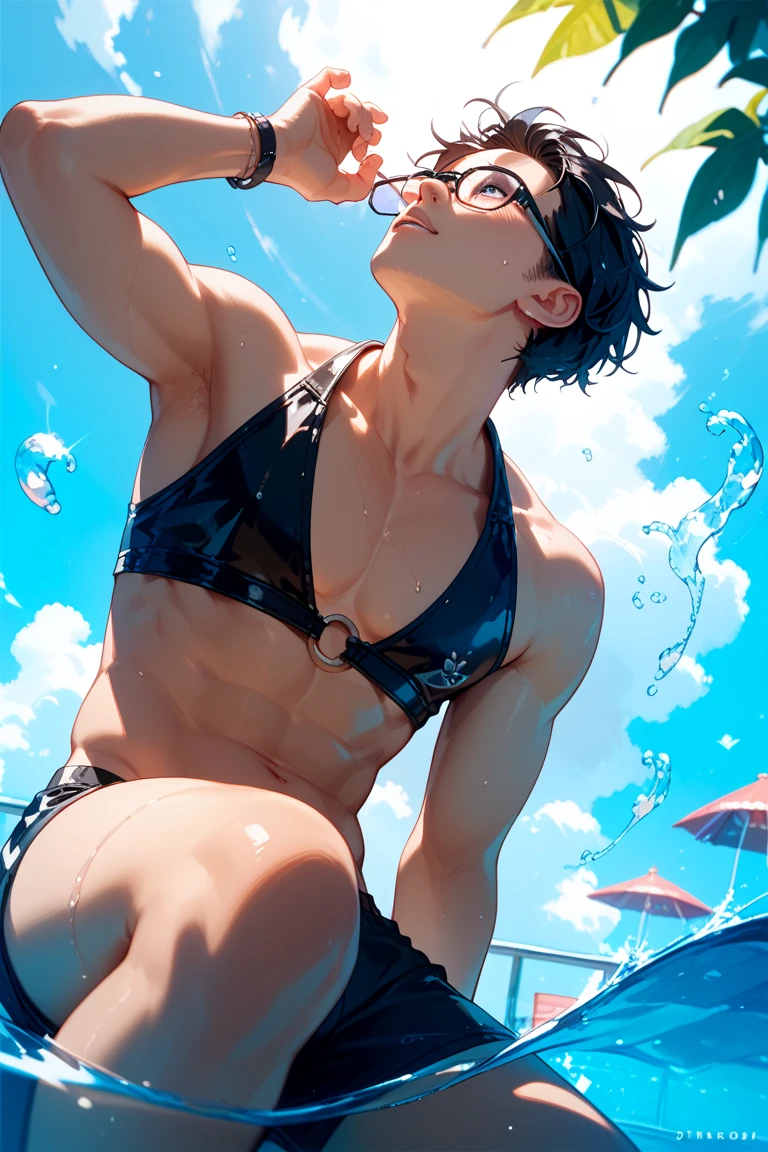 Highest quality,Highest Resolution,Ocean,Sandy Beach,Beach,A beautiful boy in a swimsuit with a crying face,Sport hunting,sunny,Open your mouth wide and drool,Tears,Sweat profusely,Abdominal muscles,Muscular,(((Drink a drink)))
