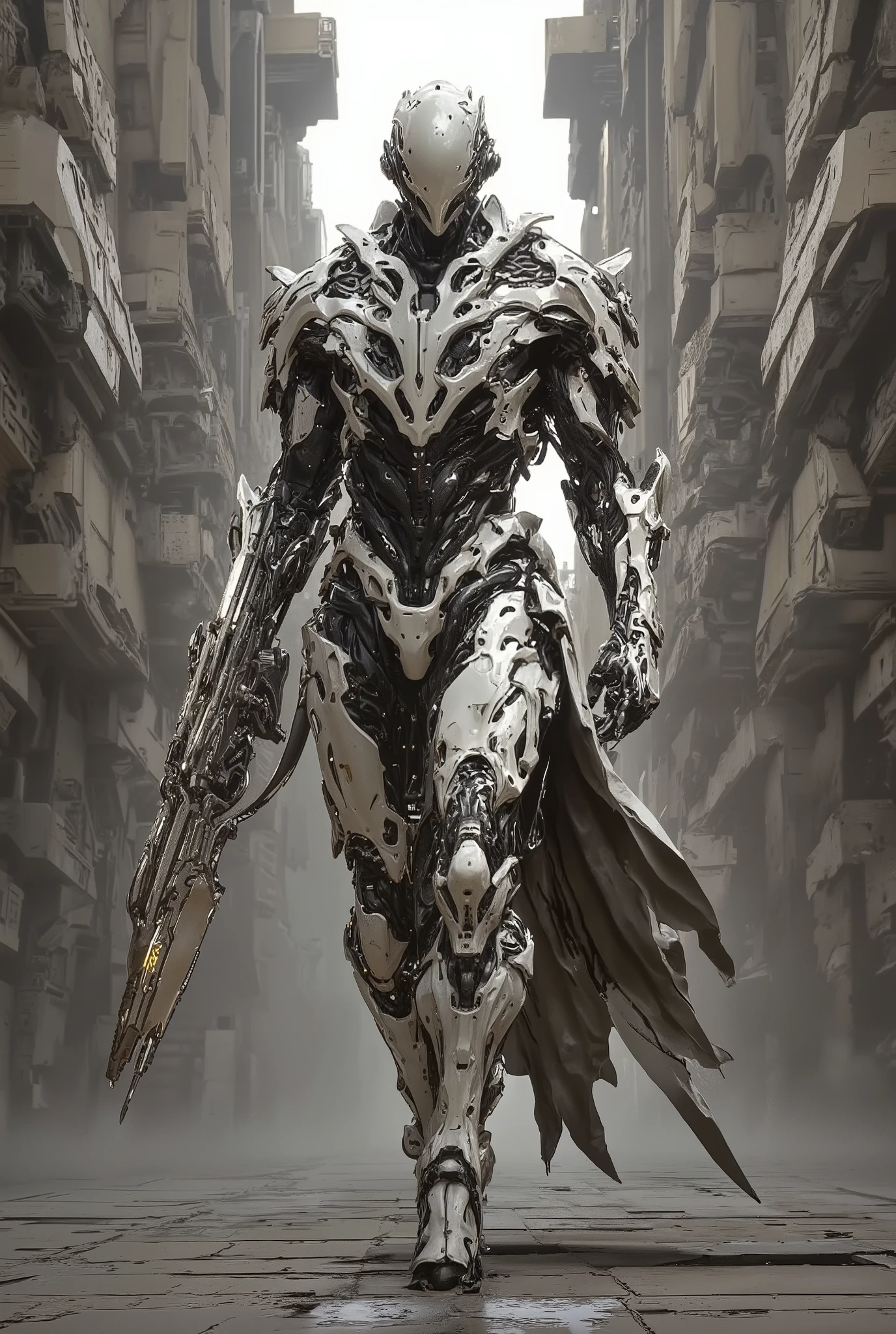 A futuristic figure in armor walks in the middle of a complex architectural urban landscape. The figure, apparently a cyborg warrior or operative, is clad in intricate white ceramic armor, displaying detailed plating. The design of the armor is complex and detailed, without a face, and the hands are covered in gloves. The figure holds a rifle and shows a neutral, wary expression on his face. The urban landscape is a collection of tall futuristic architectural structures, showing a combination of angular and smooth lines in gloomy tones. Soft light penetrates into the gaps between the buildings. The general lighting creates the impression of an overcast day. The ground looks paved, with muted neutral colors and few greenery or plants. The atmosphere is both serious and technologically advanced. It is dominated by sci-fi, cyberpunk and architectural styles. Foreshortening is a complete shot from a medium distance that allows you to clearly see a figure and its surroundings. The image style is realistic, stylized, detailed and emphasizes the high-tech aesthetics of the environment, digital art in the style of Vadim Kashin's works.Vadim Kashin style